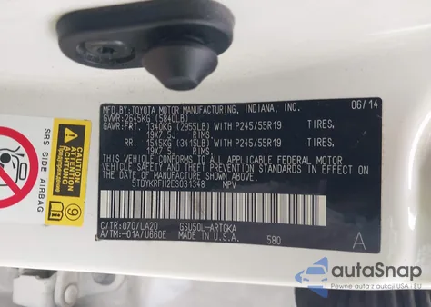 2014 Toyota Highlander Limited Platinum V6 z USA, uszkodzony, nr VIN 5TDYKRFH2ES031348